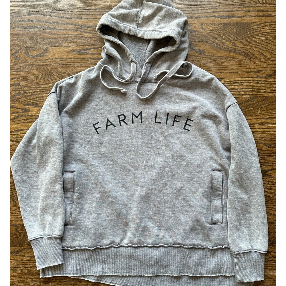 Turnrows Farm Life Gray Hooded Sweatshirt Womens Small Pockets Split Sides